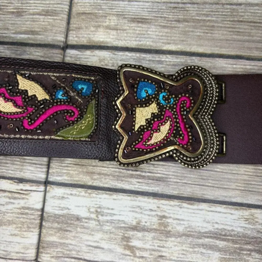Chico's Genuine Leather Beaded‎ Chunky Western Cowgirl Belt Sz S/M
